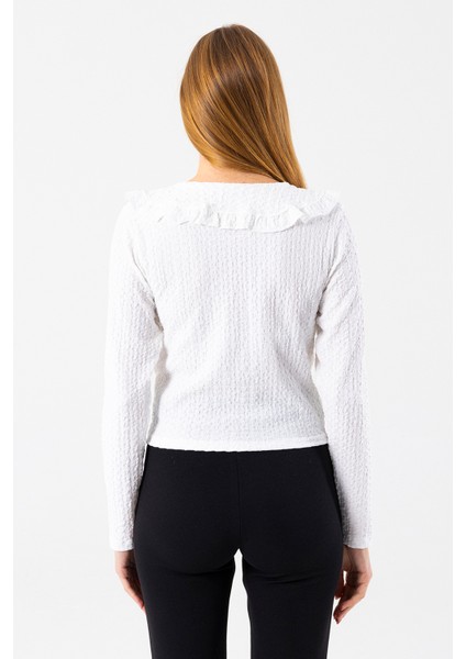 Kadın Yakalı Bağlama Detaylı Dokulu Bluz Beyaz - 26116