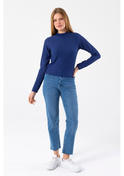 Kadın Dik Yaka Uzun Kollu Dokulu Bluz Lacivert - 26158