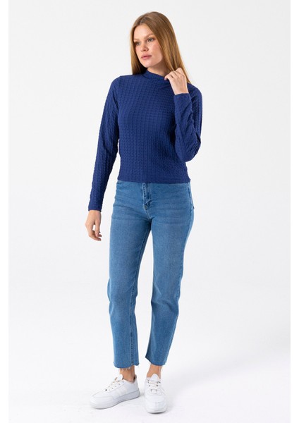 Kadın Dik Yaka Uzun Kollu Dokulu Bluz Lacivert - 26158 fiyatları