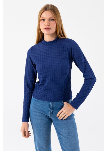 Kadın Dik Yaka Uzun Kollu Dokulu Bluz Lacivert - 26158 modelleri