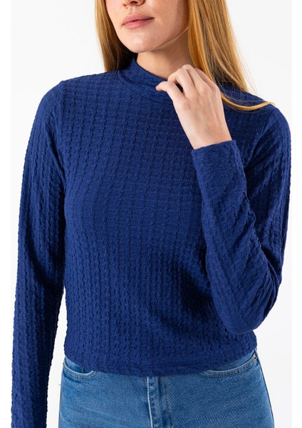 Kadın Dik Yaka Uzun Kollu Dokulu Bluz Lacivert - 26158 indirimleri