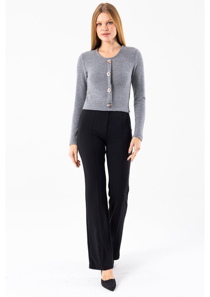 Kadın Bisiklet Yaka Pullu Düğme Detaylı Bluz Gri - 2630