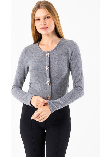 Kadın Bisiklet Yaka Pullu Düğme Detaylı Bluz Gri - 2630 modelleri