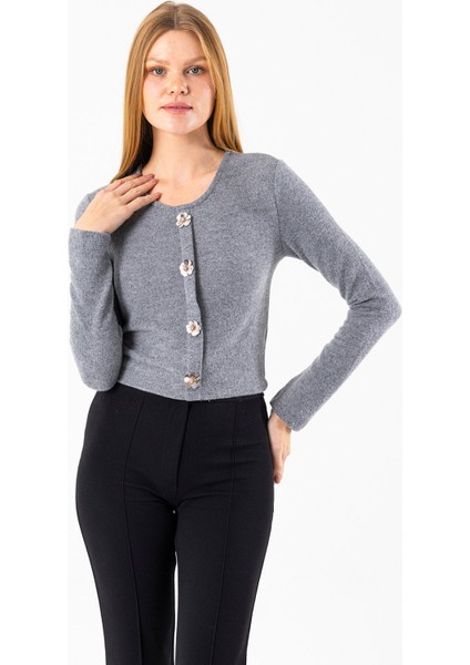 Kadın Bisiklet Yaka Pullu Düğme Detaylı Bluz Gri - 2630 fırsatları