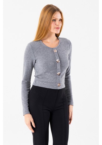 Kadın Bisiklet Yaka Pullu Düğme Detaylı Bluz Gri - 2630 indirimleri