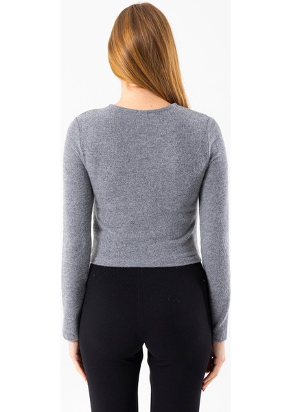 Kadın Bisiklet Yaka Pullu Düğme Detaylı Bluz Gri - 2630