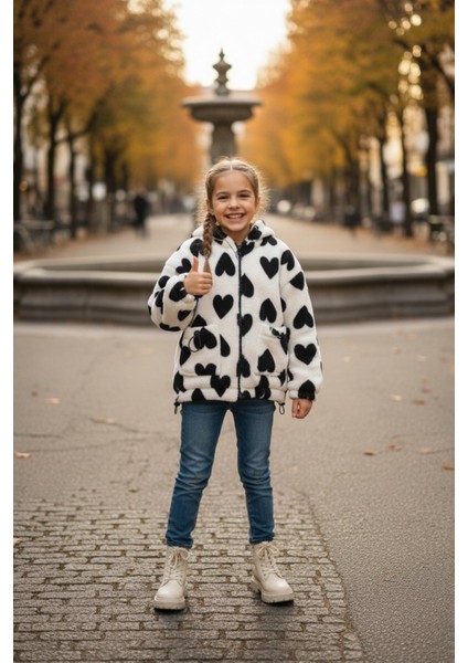 Kalp Desenli Kapüşonlu Stoperli Kız Çocuk Pelüş Mont