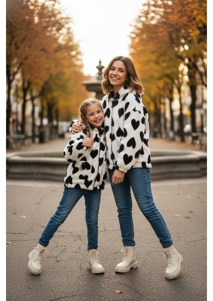 Kalp Desenli Kapüşonlu Stoperli Kız Çocuk Pelüş Mont fiyatları