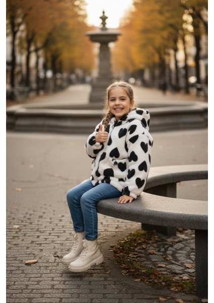 Kalp Desenli Kapüşonlu Stoperli Kız Çocuk Pelüş Mont modelleri