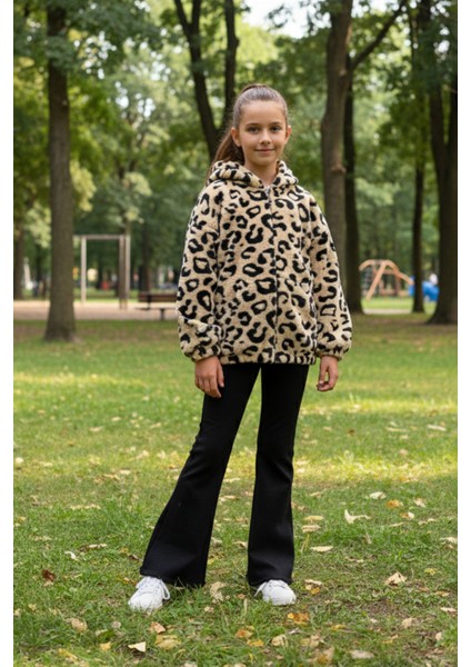 Leopar Desenli Kapüşonlu Kız Çocuk Pelüş Mont