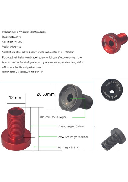 Mi.xim 2 Adet Bisiklet Orta Göbek M12 Krank Takımı Vidası Kırmızı (Yurt Dışından) fiyatları