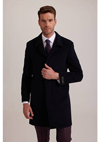 Erkek Lacivert Kaşmir Palto Regular Fit Uzun Kol Düz Desenli Şık Tasarım