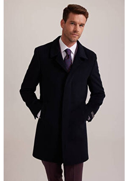 Erkek Lacivert Kaşmir Palto Regular Fit Uzun Kol Düz Desenli Şık Tasarım