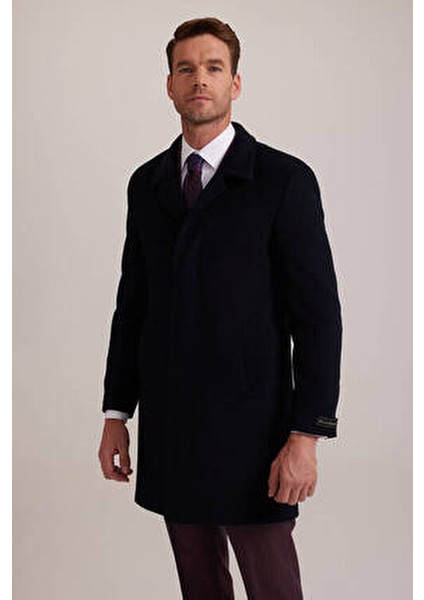 Erkek Lacivert Kaşmir Palto Regular Fit Uzun Kol Düz Desenli Şık Tasarım