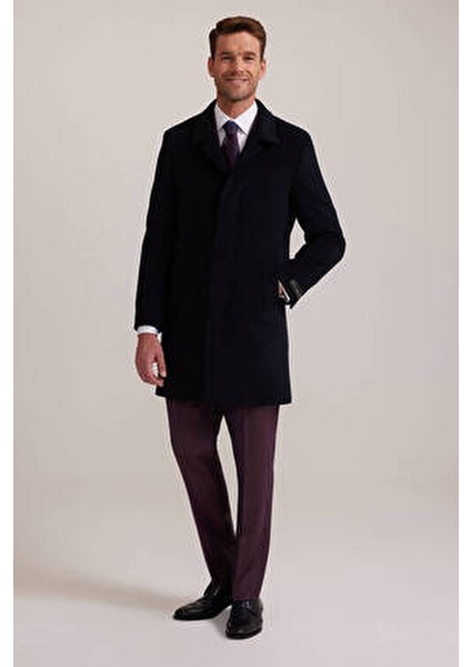Erkek Lacivert Kaşmir Palto Regular Fit Uzun Kol Düz Desenli Şık Tasarım