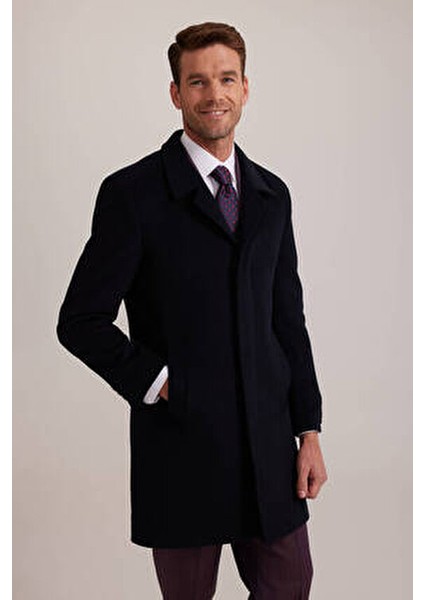 Erkek Lacivert Kaşmir Palto Regular Fit Uzun Kol Düz Desenli Şık Tasarım
