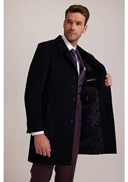 Erkek Lacivert Kaşmir Palto Regular Fit Uzun Kol Düz Desenli Şık Tasarım