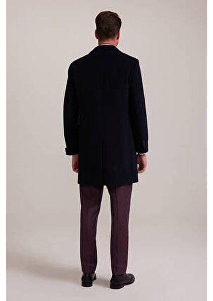 Erkek Lacivert Kaşmir Palto Regular Fit Uzun Kol Düz Desenli Şık Tasarım