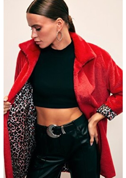Kadın Kırmızı Leopar Astarlı Peluş Kaban Uzun Kollu Şık Tasarım