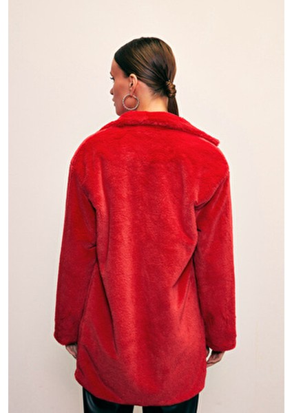 Kadın Kırmızı Leopar Astarlı Peluş Kaban Uzun Kollu Şık Tasarım