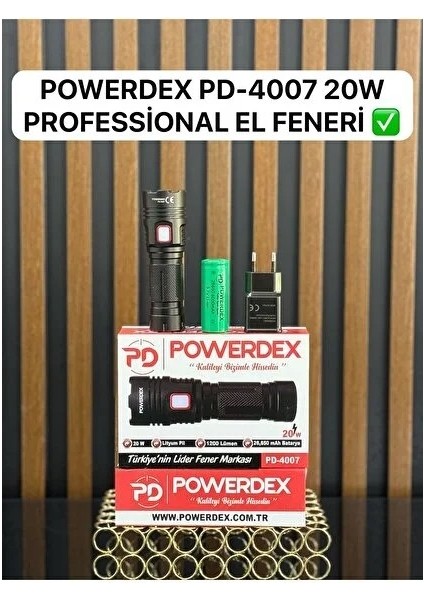 PD-4007 Profesyonel El Feneri | 20W 1200 Lümen | 6000 Mah, Metal Gövde, Type-C Şarjlı, Kompakt Tasarım