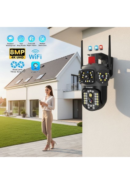 8mp 4K UHD Wifi Akıllı Güvenlik Kamerası – Çift Lens, Gece Görüş, Hareket Algılama, Sesli Görüntülü Iletişim, IP66 Su Geçirmez Ptz Kamera