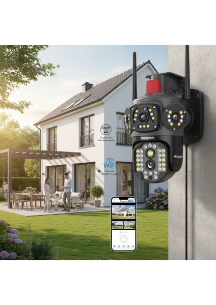 8mp 4K UHD Wifi Akıllı Güvenlik Kamerası – Çift Lens, Gece Görüş, Hareket Algılama, Sesli Görüntülü Iletişim, IP66 Su Geçirmez Ptz Kamera