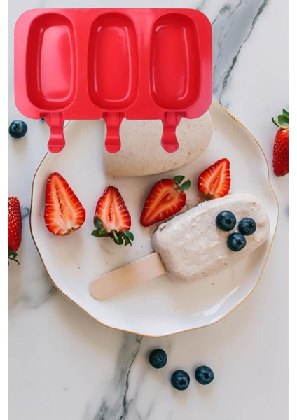 Silikon Oval Dondurma Yapma Kalıbı 3 Lü Dondurma Kalıbı 50 Adet Ahşap Çubuk Hediye Buz Kalıbı