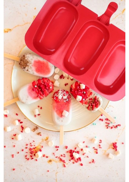 Silikon Oval Dondurma Yapma Kalıbı 3 Lü Dondurma Kalıbı 50 Adet Ahşap Çubuk Hediye Buz Kalıbı modelleri