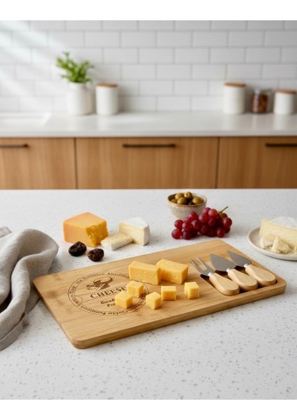 Bambu 3 Bıçaklı Peynir Sunum Tahtası - En Büyük Boy - Et Sunumluk - Kahvaltı Sunumluğu