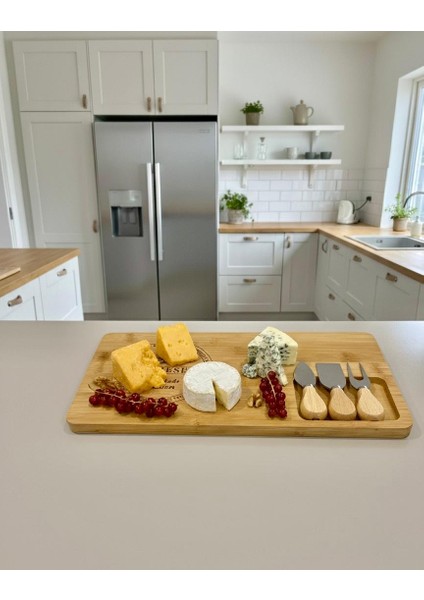 Bambu 3 Bıçaklı Peynir Sunum Tahtası - En Büyük Boy - Et Sunumluk - Kahvaltı Sunumluğu fırsatları