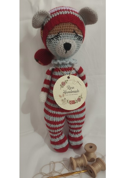 Sevimli Çizgili Pijamalı Uykucu Ayıcık Amigurumi Bebek - El Örgüsü Oyuncak