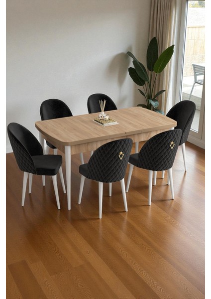 Mura Meşe 80x132 Açılabilir Mdf Masa Yemek Odası Takımı, Mutfak Takımı 6 Adet Sandalye