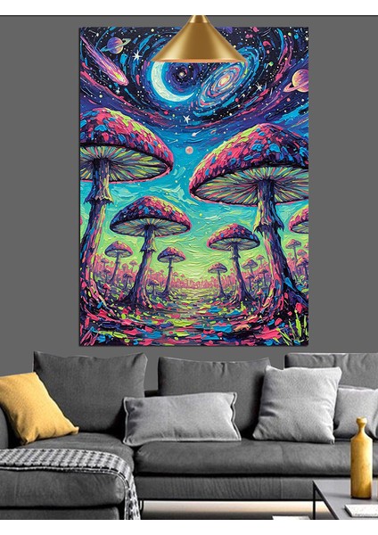 Yıldızlı Gece ve Mantarlar Renkli Dekoratif Kanvas - Mdf Ahşap Tablo