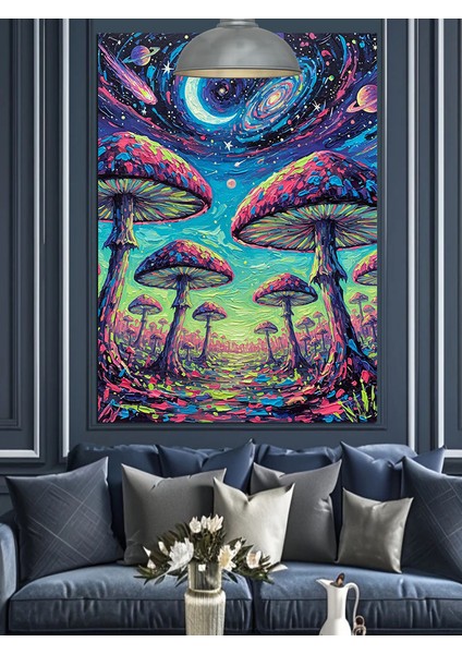 Yıldızlı Gece ve Mantarlar Renkli Dekoratif Kanvas - Mdf Ahşap Tablo fiyatları