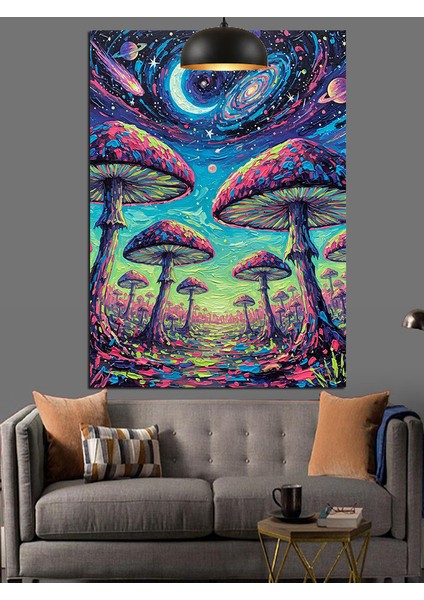 Yıldızlı Gece ve Mantarlar Renkli Dekoratif Kanvas - Mdf Ahşap Tablo modelleri