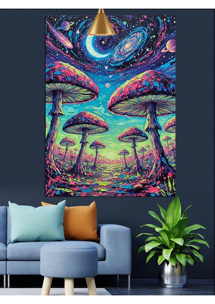 Yıldızlı Gece ve Mantarlar Renkli Dekoratif Kanvas - Mdf Ahşap Tablo fırsatları