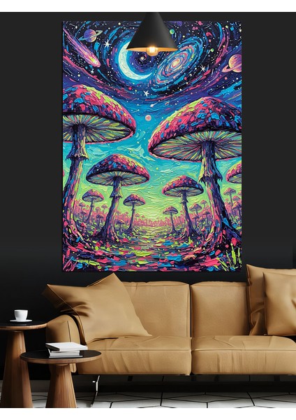 Yıldızlı Gece ve Mantarlar Renkli Dekoratif Kanvas - Mdf Ahşap Tablo indirimleri
