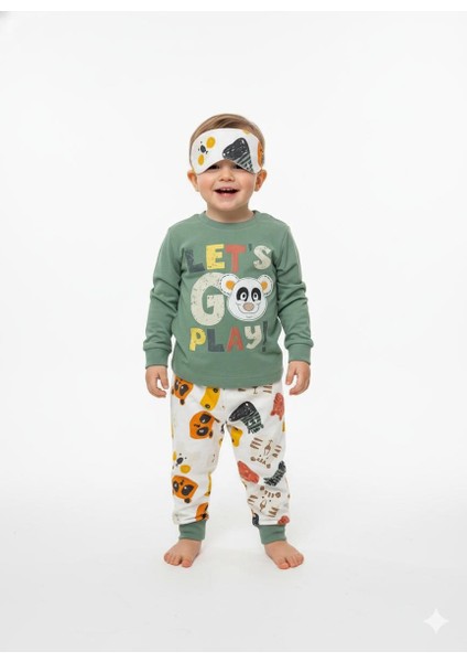 Eğlenceli Ayıcık Temalı Pamuk Erkek Bebek ve Çocuk Pijama Takımı Maske Hediyeli