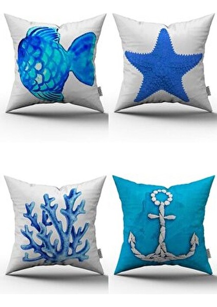 4'lü Dekoratif Kırlent Kılıfı Seti 43x43 cm Mavi Deniz Temalı Desen fiyatları