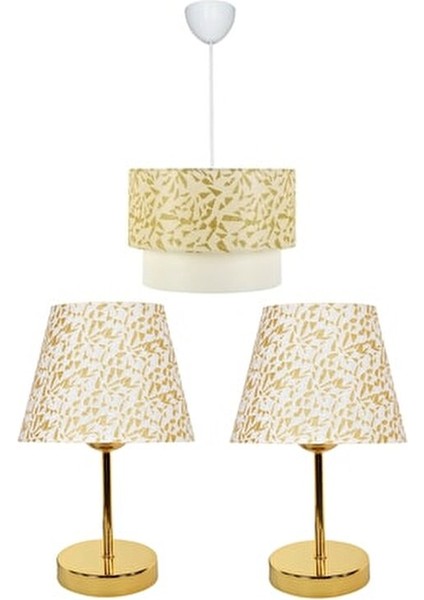 3'lü Set Gold Abajur ve Avize Simli Tasarım İç Mekan Aydınlatması modelleri