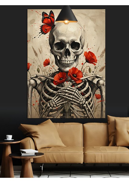 Kuru Kafa Iskelet Figürü Kırmızı Çiçek Dekoratif Kanvas - Mdf Ahşap Tablo
