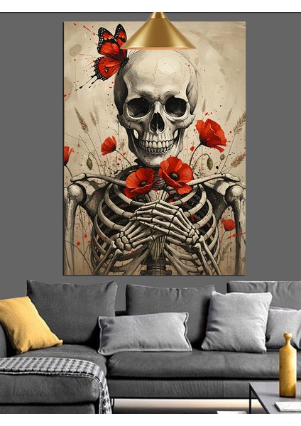 Kuru Kafa Iskelet Figürü Kırmızı Çiçek Dekoratif Kanvas - Mdf Ahşap Tablo fiyatları