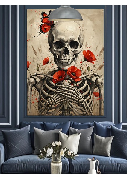 Kuru Kafa Iskelet Figürü Kırmızı Çiçek Dekoratif Kanvas - Mdf Ahşap Tablo modelleri