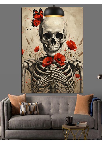 Kuru Kafa Iskelet Figürü Kırmızı Çiçek Dekoratif Kanvas - Mdf Ahşap Tablo fırsatları