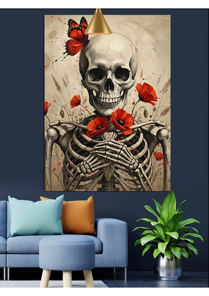 Kuru Kafa Iskelet Figürü Kırmızı Çiçek Dekoratif Kanvas - Mdf Ahşap Tablo indirimleri