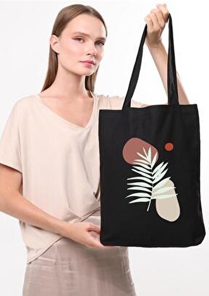 Siyah Art Leaf Baskılı %100 Doğal Pamuk 35x40 cm Uzun Kulplu fiyatları