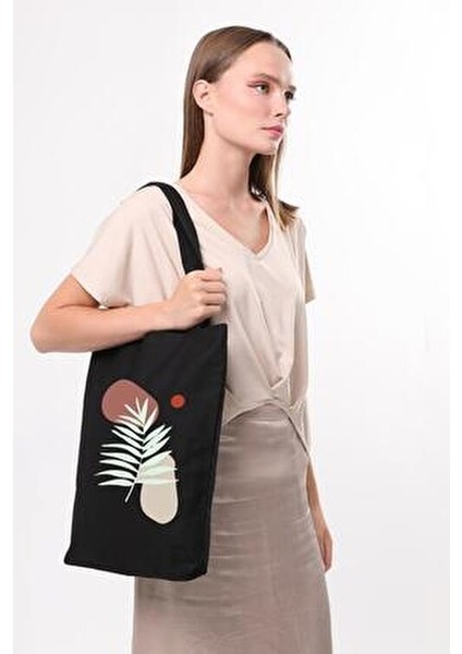 Siyah Art Leaf Baskılı %100 Doğal Pamuk 35x40 cm Uzun Kulplu modelleri