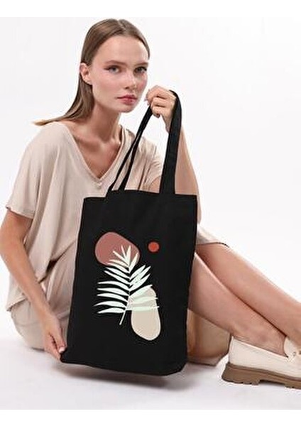 Siyah Art Leaf Baskılı %100 Doğal Pamuk 35x40 cm Uzun Kulplu fırsatları