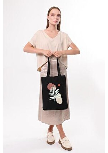 Siyah Art Leaf Baskılı %100 Doğal Pamuk 35x40 cm Uzun Kulplu indirimleri